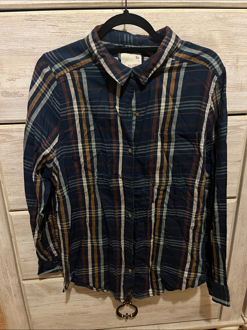 SO Women’s Navy Plaid Button-Down Shirt with Brown & Cream Stripes